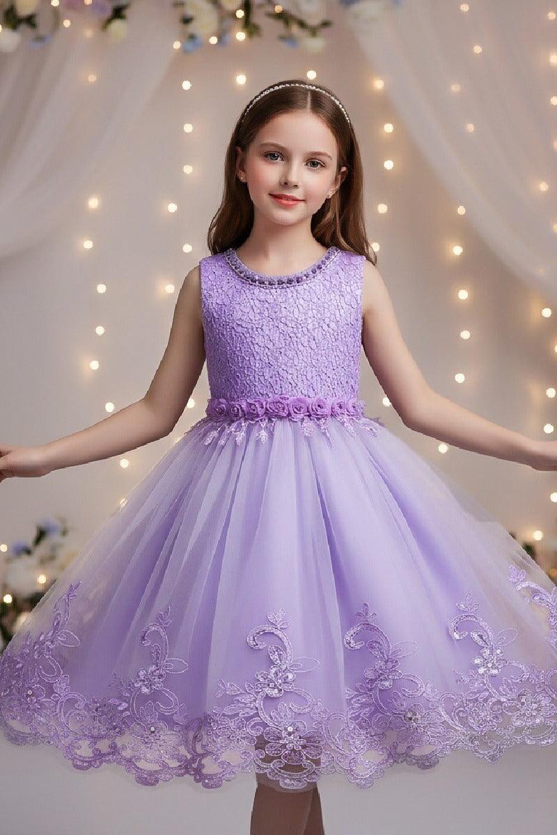 A-Line Round Neck Sleeveless Lace Short Tulle Knee Length Flower Girl Dresses 1029768430343 - 7 Days / Purple / 100cm - COCOMELODY
